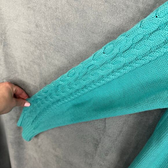 LL Bean Sweater Womens Large Teal Cable Knit Full Zip Cardigan Fisherman Cotton - Picture 4 of 14